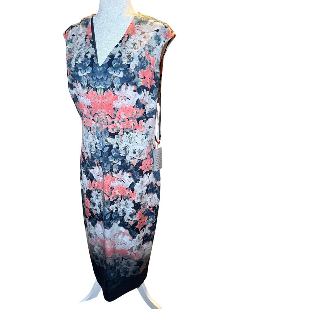 Maggy London Floral Sheath Midi Dress, Navy Pink, Women's Size 14, NWT